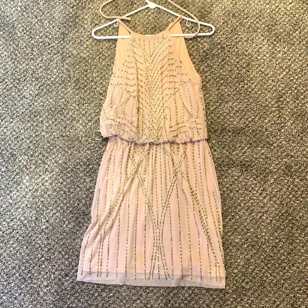 Pale pink mini cocktail dress with beaded detail. SIZE 4.